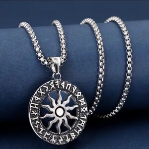 Silver Sun Celtic Norse  Pendant Necklace Mens
